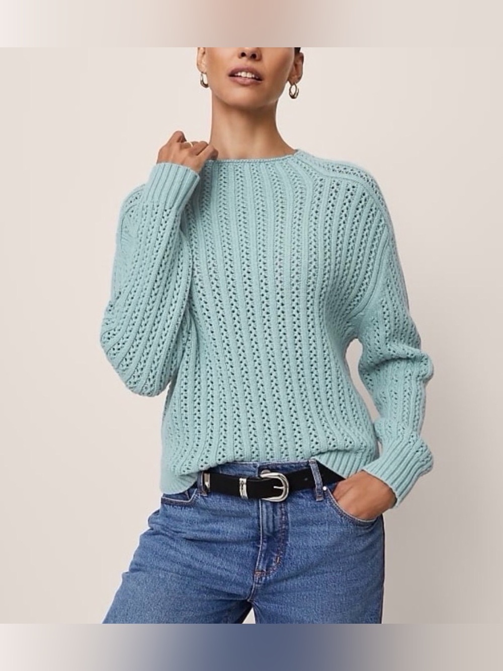 Ann Taylor
Aqua Blue Green Open-Stitch Crewneck Sweater size xl